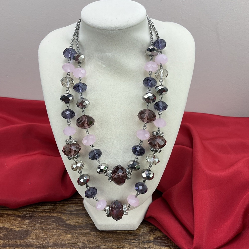 Trifari 39 Inch Crown Double Strand Necklace Purple/Pink faceted glass beads